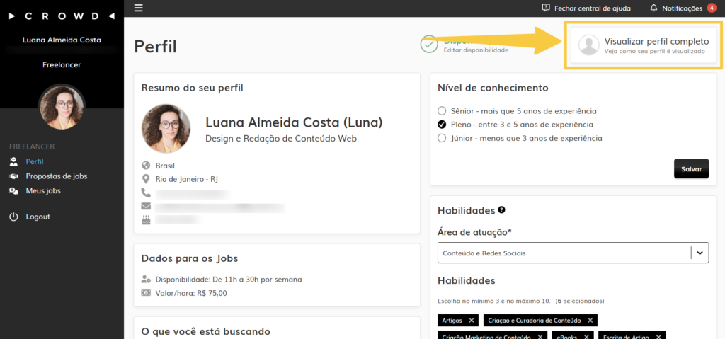 Visualizar perfil de freelancer completo na plataforma Crowd