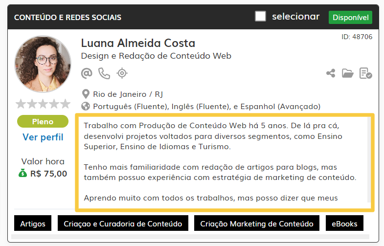 Carta de apresentação no perfil resumido do usuário freelancer na plataforma Crowd