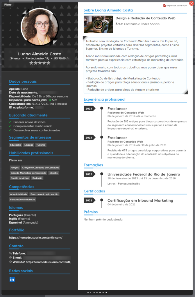Exemplo de perfil completo de profissional remoto na plataforma Crowd.