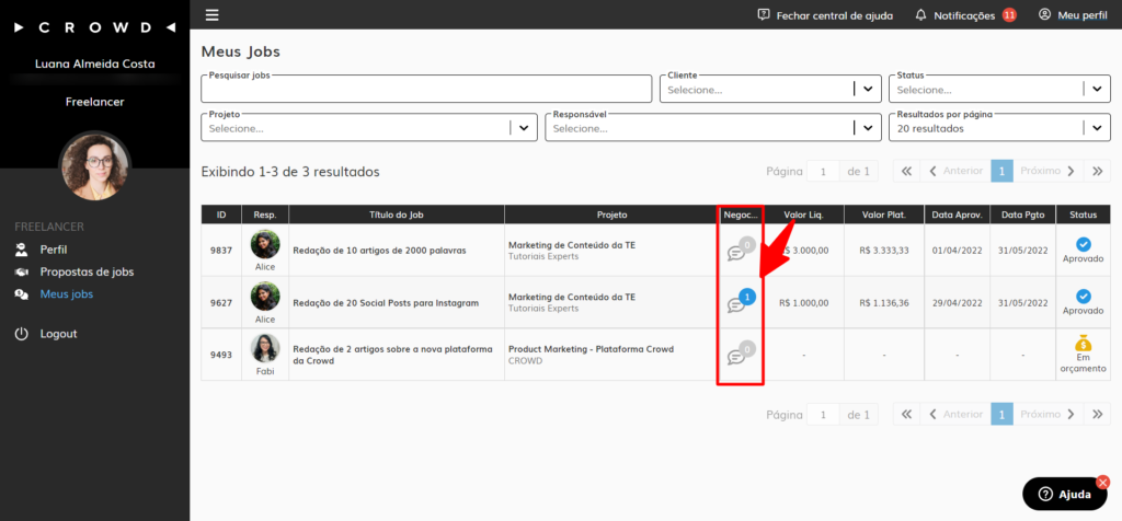 Acessando o chat em Meus Jobs